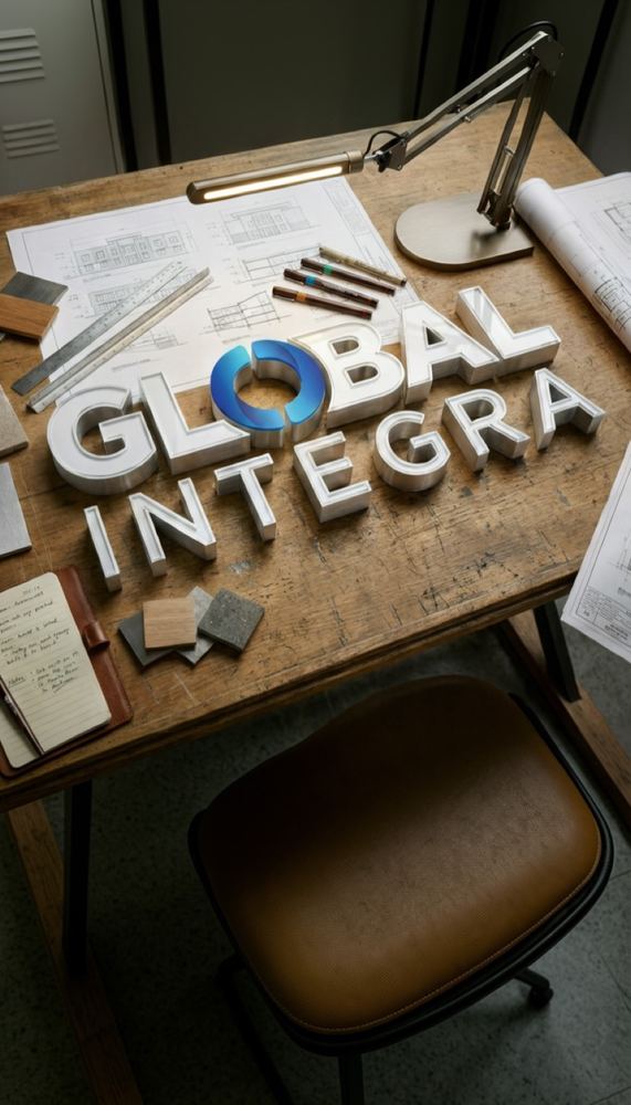 Letras corporativas Global Integra sobre mesa de diseño